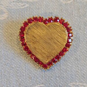 Vintage Heart Brooch  Goldtone Red Rhinestone Gemstone Statement Valentine